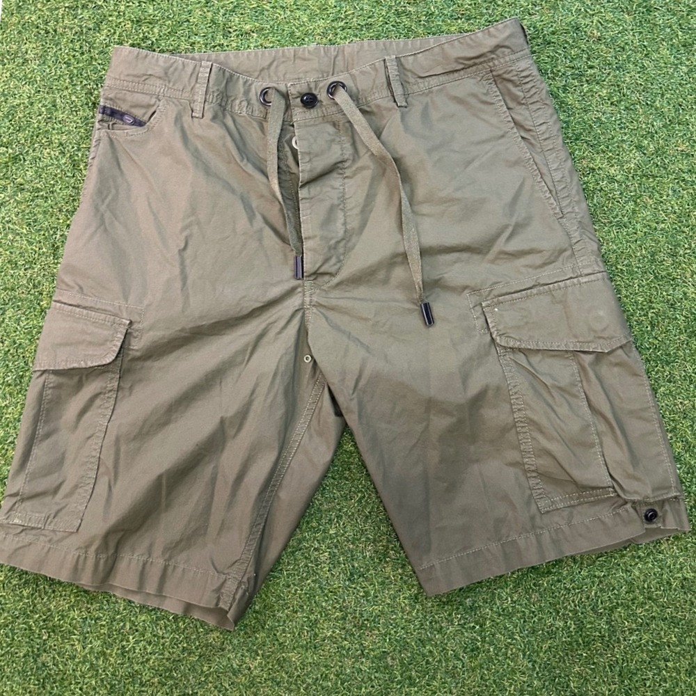 Diesel Mens Olive Green Cotton Cargo Shorts Size 33 Utility Drawstring Waist